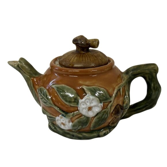 Majolica Other - Teapot Mushroom Lid White Flowers Pottery Majolica Brown